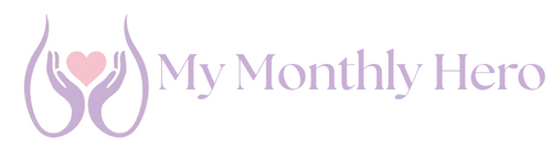 Logo of 'My Monthly Hero' with stylized text and heart symbol on a white background